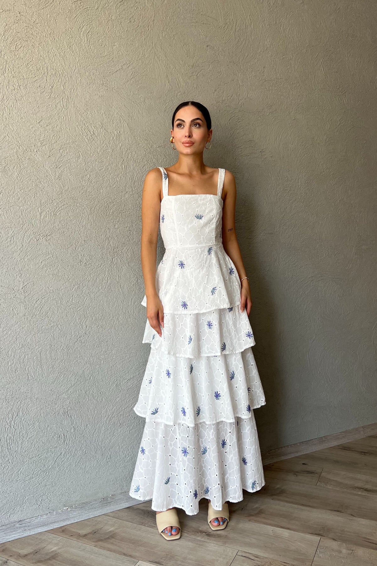 Yeşil Mor Çiçekli Arkası Bağlama Detaylı Kat Kat Elbise SY-2038-Yeşil-Mor