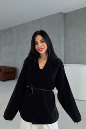 Siyah Deri Kemerli Triko Hırka SY-3405-Siyah