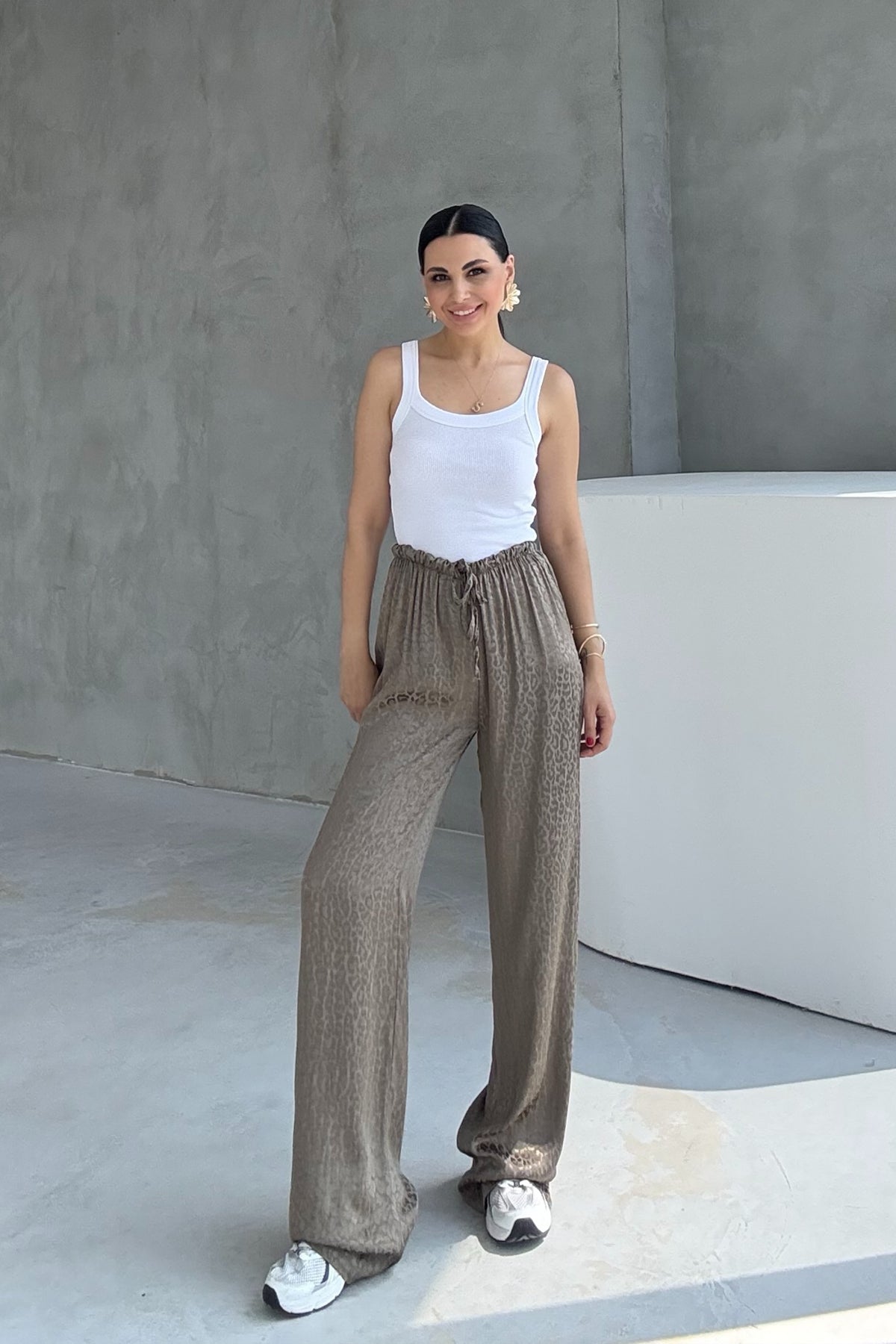 Açık Haki Leopar Desenli Jakarlı Bol Paça Pantolon SY-1686-Açık Haki