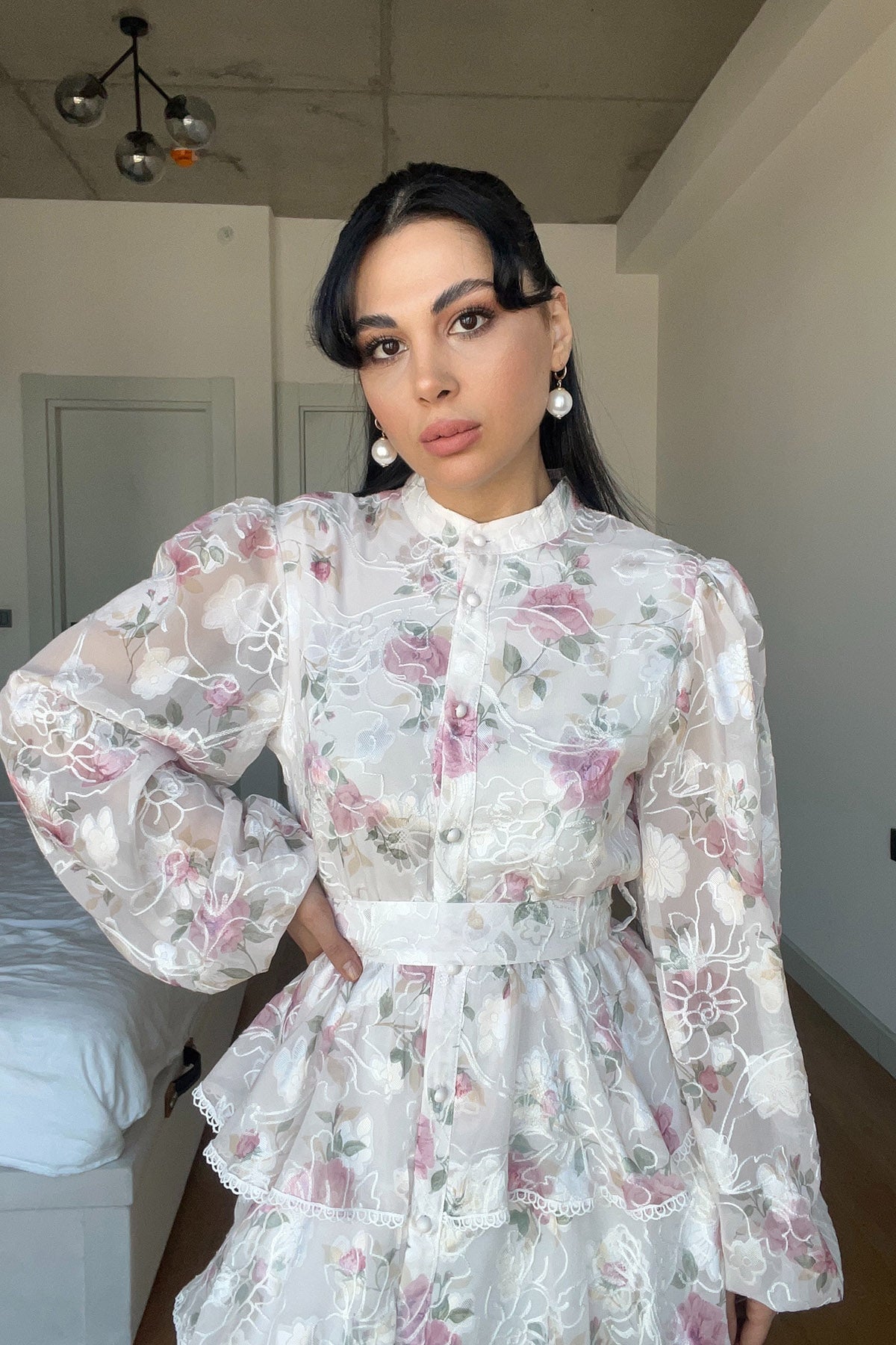 Pembe Çiçek Desenli Valonlu Şerit Detaylı Kat Kat Elbise SY-1747-Pembe