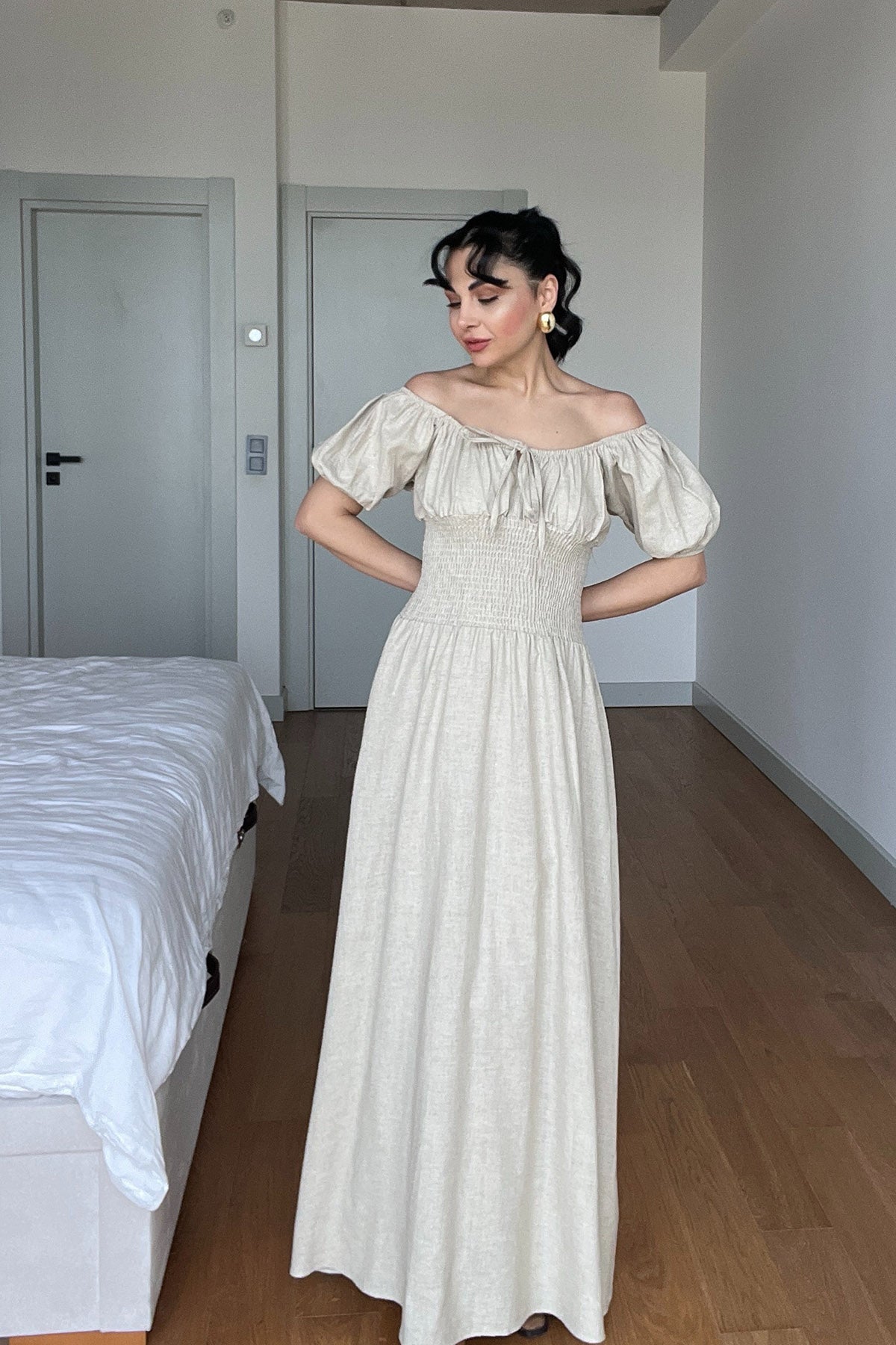 Bej Önü Gipeli Kısa Kol Elbise SY-3005-Bej