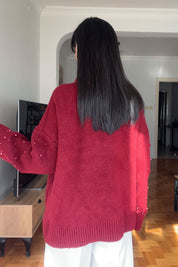 Bordo İnci Detaylı Yarım Balıkçı Triko Kazak SY-2741-Bordo