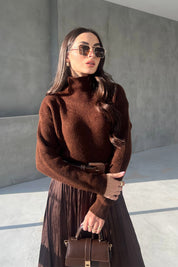 Acı Kahve Balıkçı Yaka Çizgili Kazak SY-2847-Acı Kahve