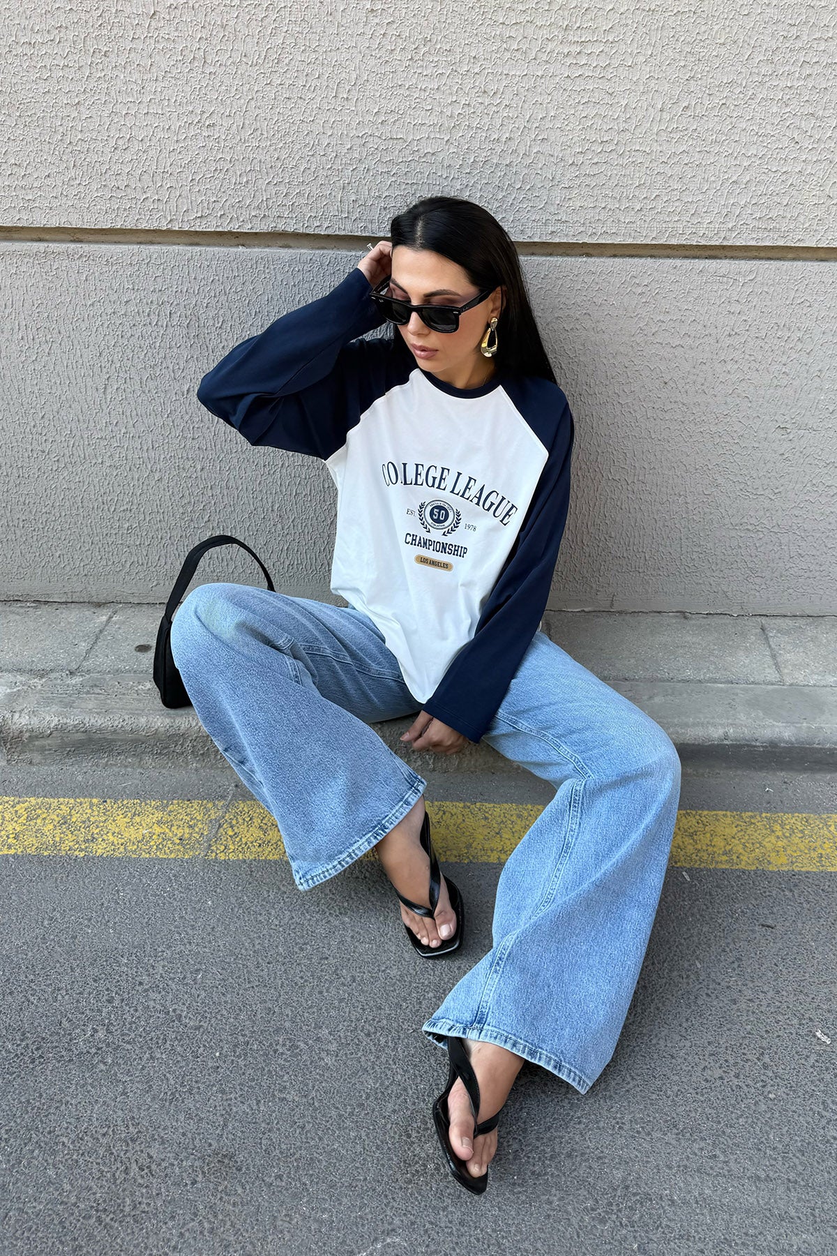 Ekru Reglan Kol Baskılı Bisiklet Yaka İnce Sweatshirt SY-3316-Ekru