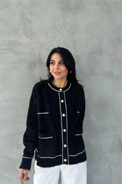 Siyah-Ekru Çizgili Cepli Simli Hırka SY-2452-Siyah