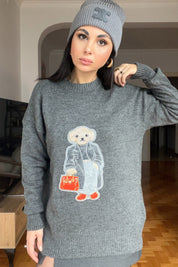 Antrasit Teddy Bear Nakışlı Triko Kazak SY-2839-Antrasit