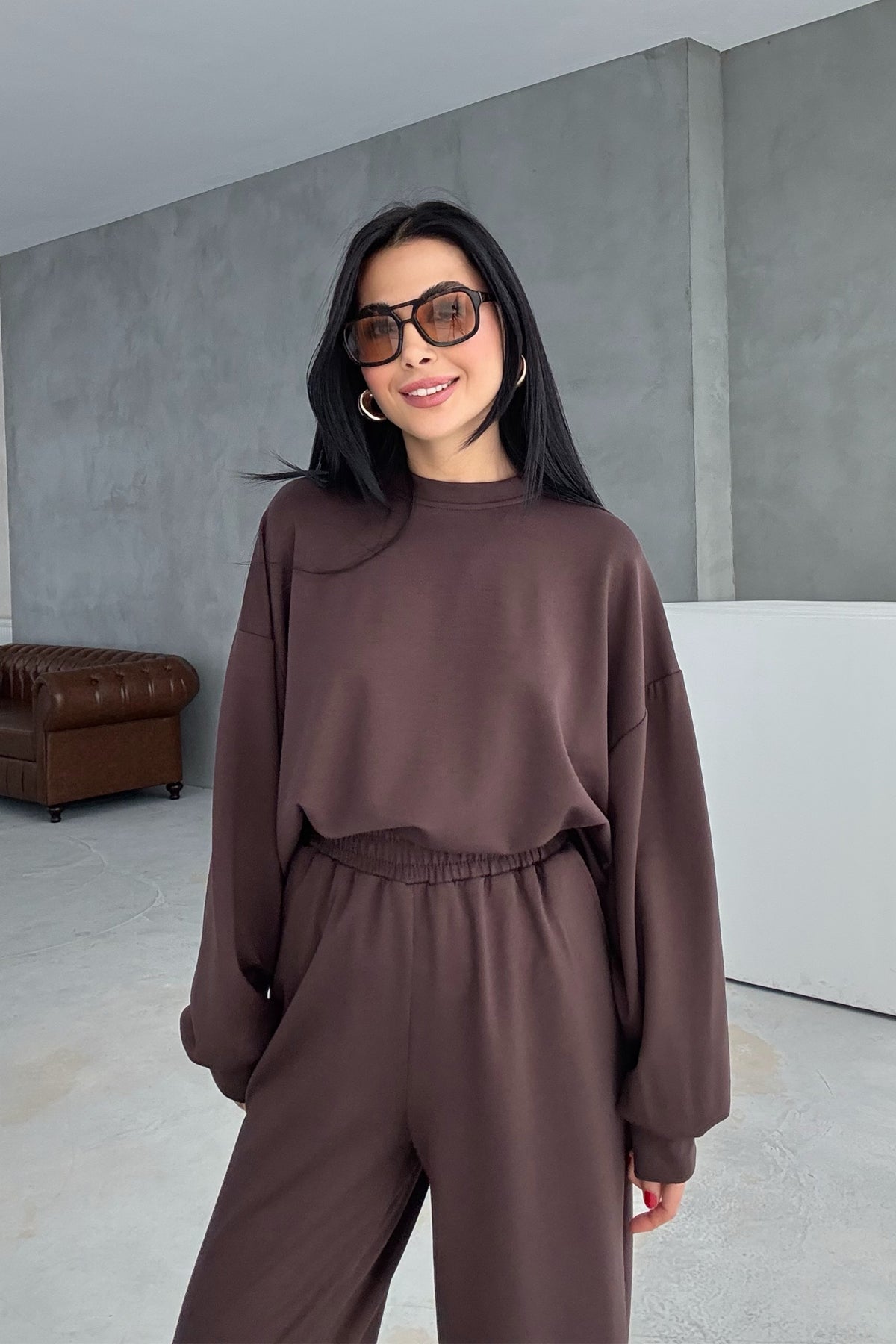 Kahve Eşofman Ve Uzun Sweat Modal Takım SY-3450-Kahve