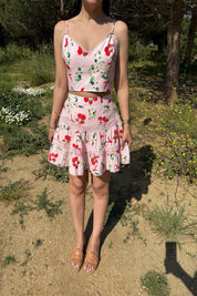 Pembe Desenli Askılı Crop Bluz ve Etek Takım SY-3193-Pembe