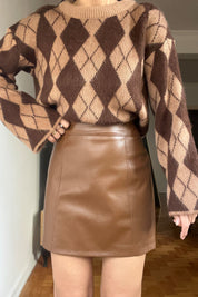 Kahve Trapez Mini Deri Etek SY-2794-Kahve