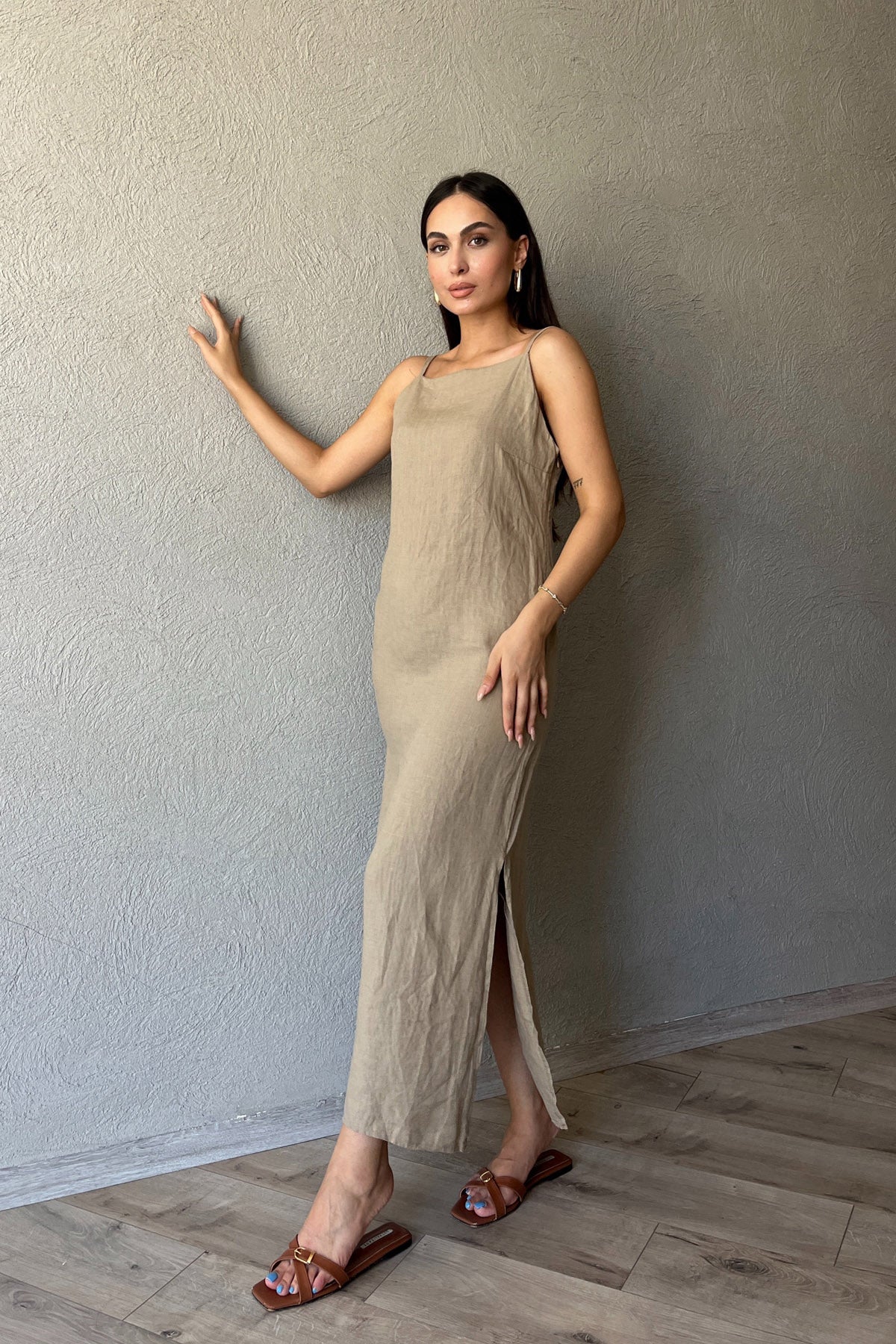 Açık Haki Pencere Detay Keten Elbise SY-2355-Açık Haki