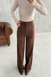 Kahve Süet Zımba Detaylı Pantolon SY-3357-Kahve