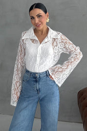 Beyaz İspanyol Kol Dantelli  Gömlek SY-3090-Beyaz