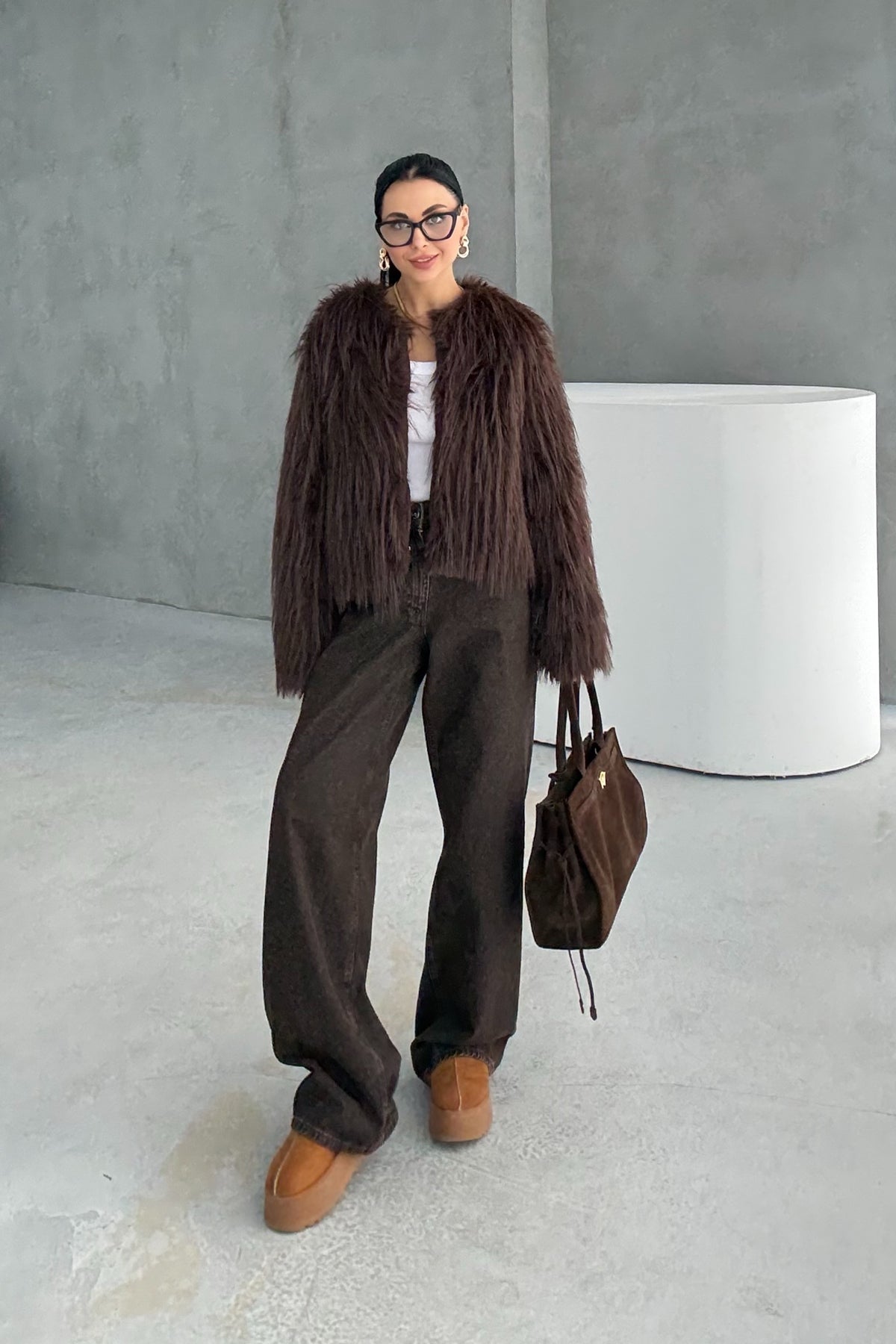 Acı Kahve Saçaklı Kürk Ceket SY-3388-Acı KAHVE