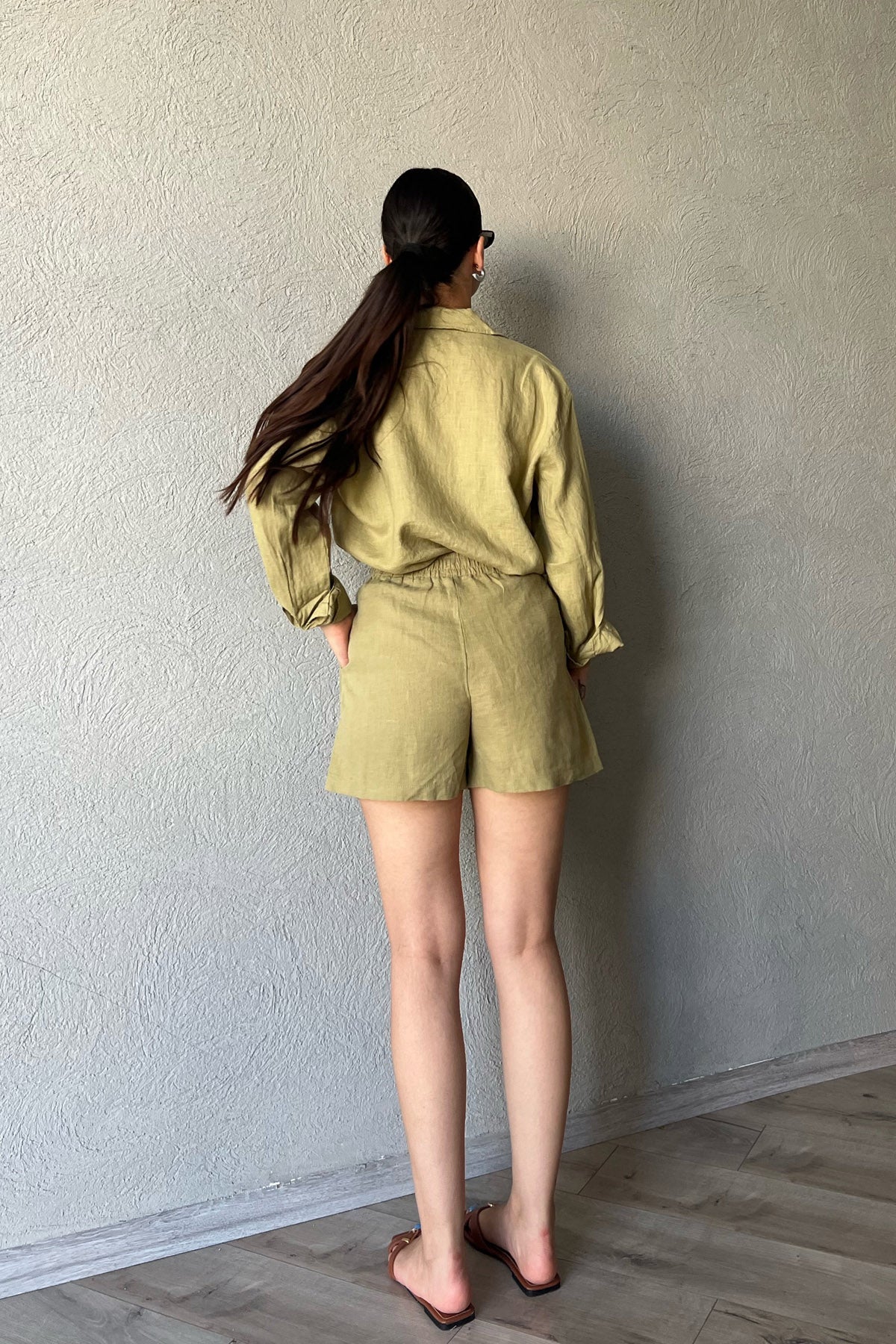 Haki Beli Lastikli Bağlamalı Şort SY-2316-Haki