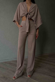 Vizon Bağlama Deyatlı Bluz Pantolon Keten Takım SY-2100-Vizon