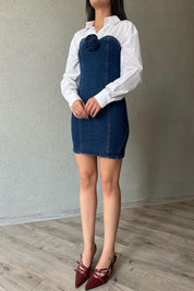Koyu Mavi Straplez Gül Broş Detaylı Denim Elbise SY-1900- Koyu Mavi