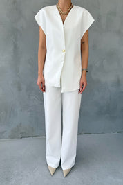 Ekru Gold Düğme Detaylı Asimetrik Kesim Yelek Pantolon Takım SY-3004-Ekru