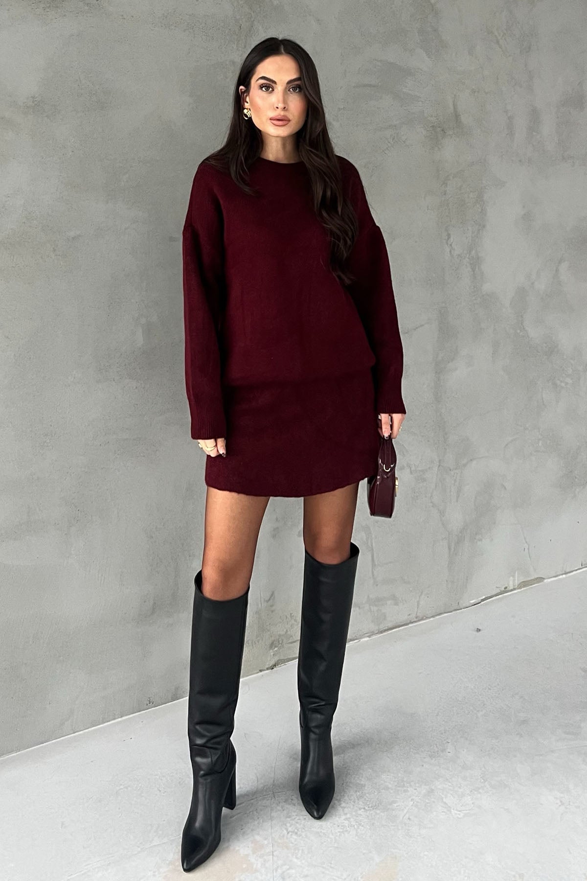 Bordo Bisiklet Yaka Mini Etek Kazak Takım SY-2811-Bordo