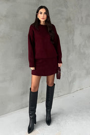 Bordo Bisiklet Yaka Mini Etek Kazak Takım SY-2811-Bordo