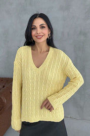 V Yaka Saç Örgü Sarı Triko Kazak SY-3407-Sarı