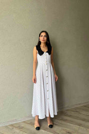 Beyaz Dantel Yaka Puantiyeli Tasarım Elbise SY-0638-Beyaz