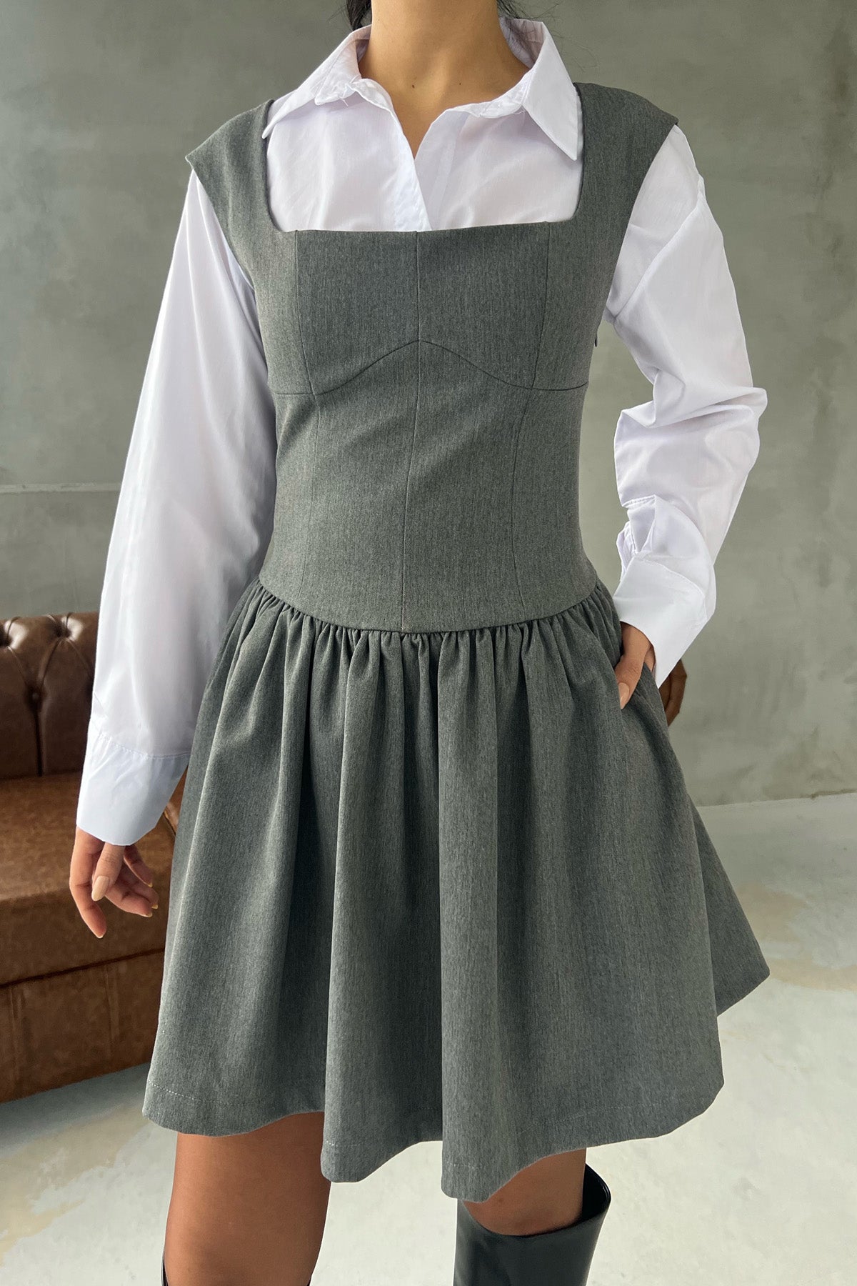 Volaren Gri Balon Elbise SY-2915-Gri