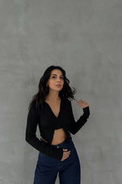 Siyah Bağlama Detaylı Crop Bluz SY-2417-Siyah