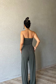 Açık Haki Büzgü Detaylı Bluz ve Salaş Pantolon Takım SY-2144-Açık Haki