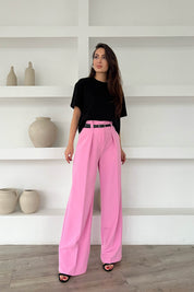 Pembe Kemer Detaylı Yüksek Bel Geniş Paça Pantolon SY-1681-Pembe