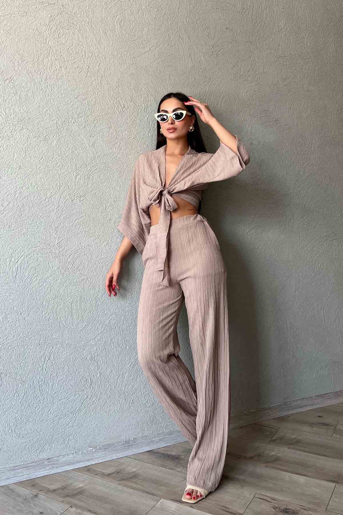 Vizon Bağlama Deyatlı Bluz Pantolon Keten Takım SY-2100-Vizon