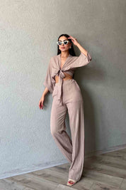 Vizon Bağlama Deyatlı Bluz Pantolon Keten Takım SY-2100-Vizon