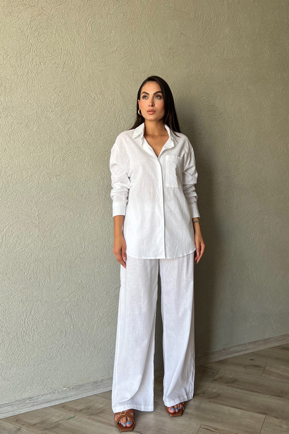 Beyaz Keten Gömlek Pantolon Takım SY-2246-Beyaz