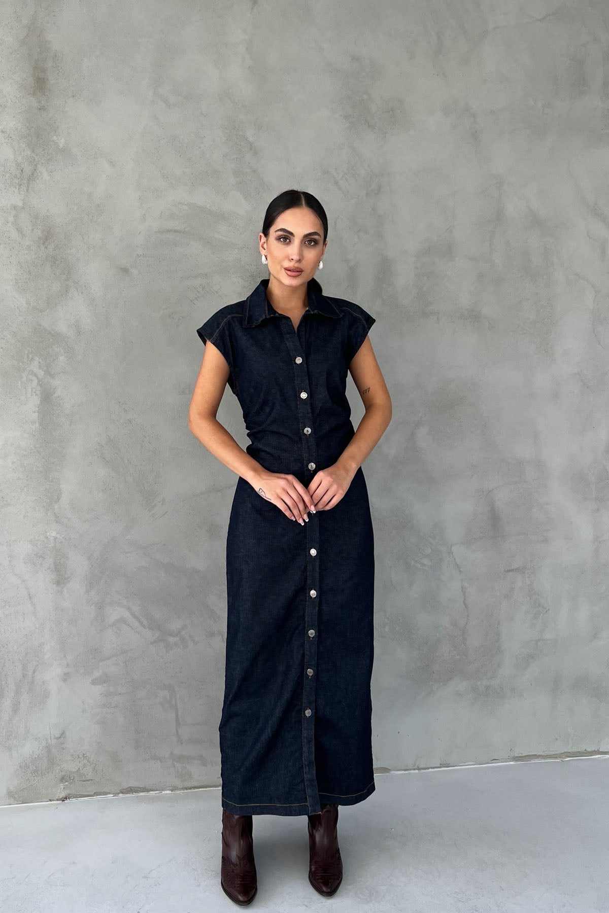 Koyu Lacivert Beli Büzgü Detaylı Düğmeli Denim Elbise SY-2493-Koyu Lacivert