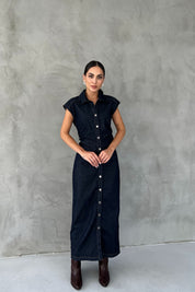 Koyu Lacivert Beli Büzgü Detaylı Düğmeli Denim Elbise SY-2493-Koyu Lacivert