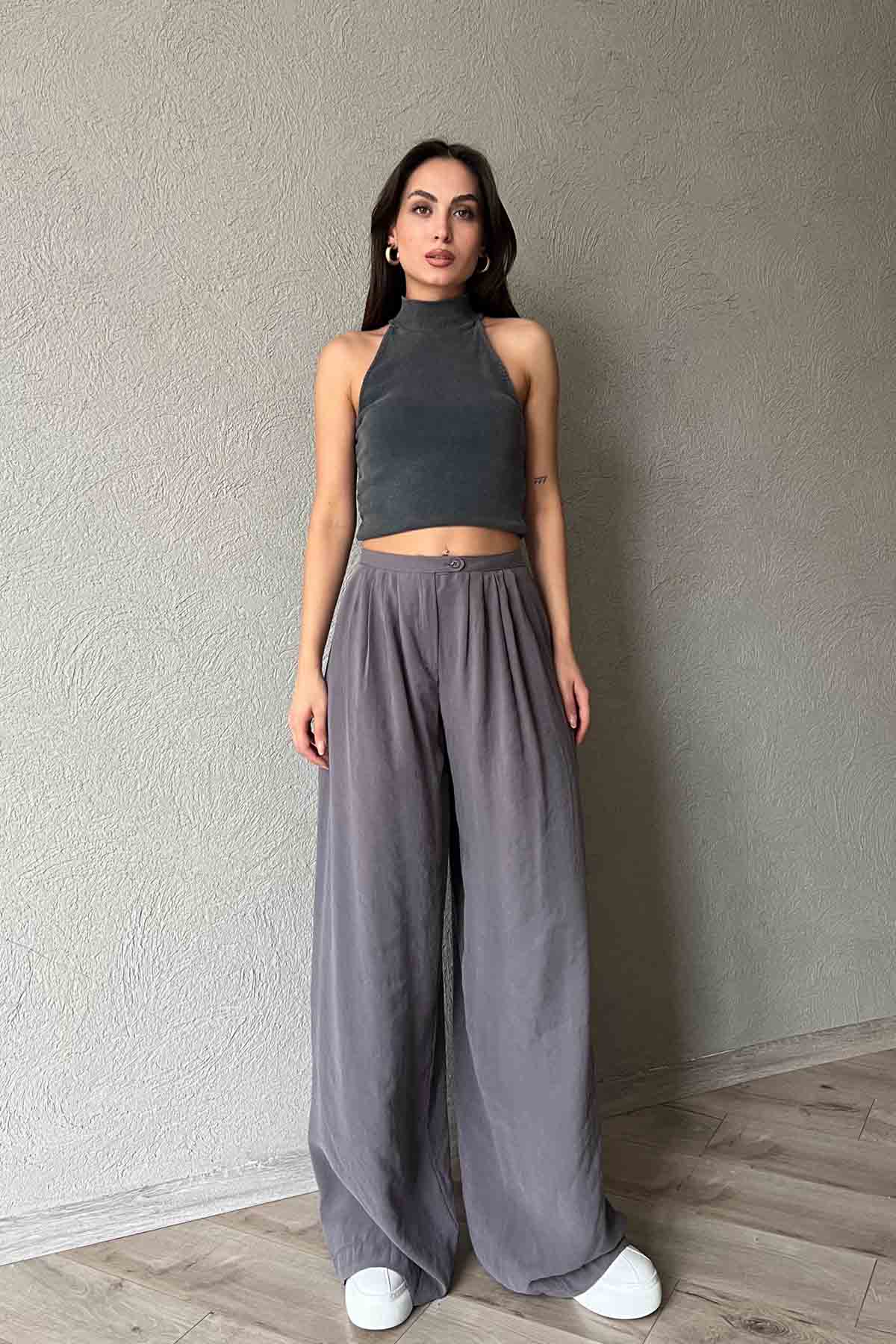 Antrasit Pile Detaylı Organic Palazzo Pantolon SY-2011-Antrasit