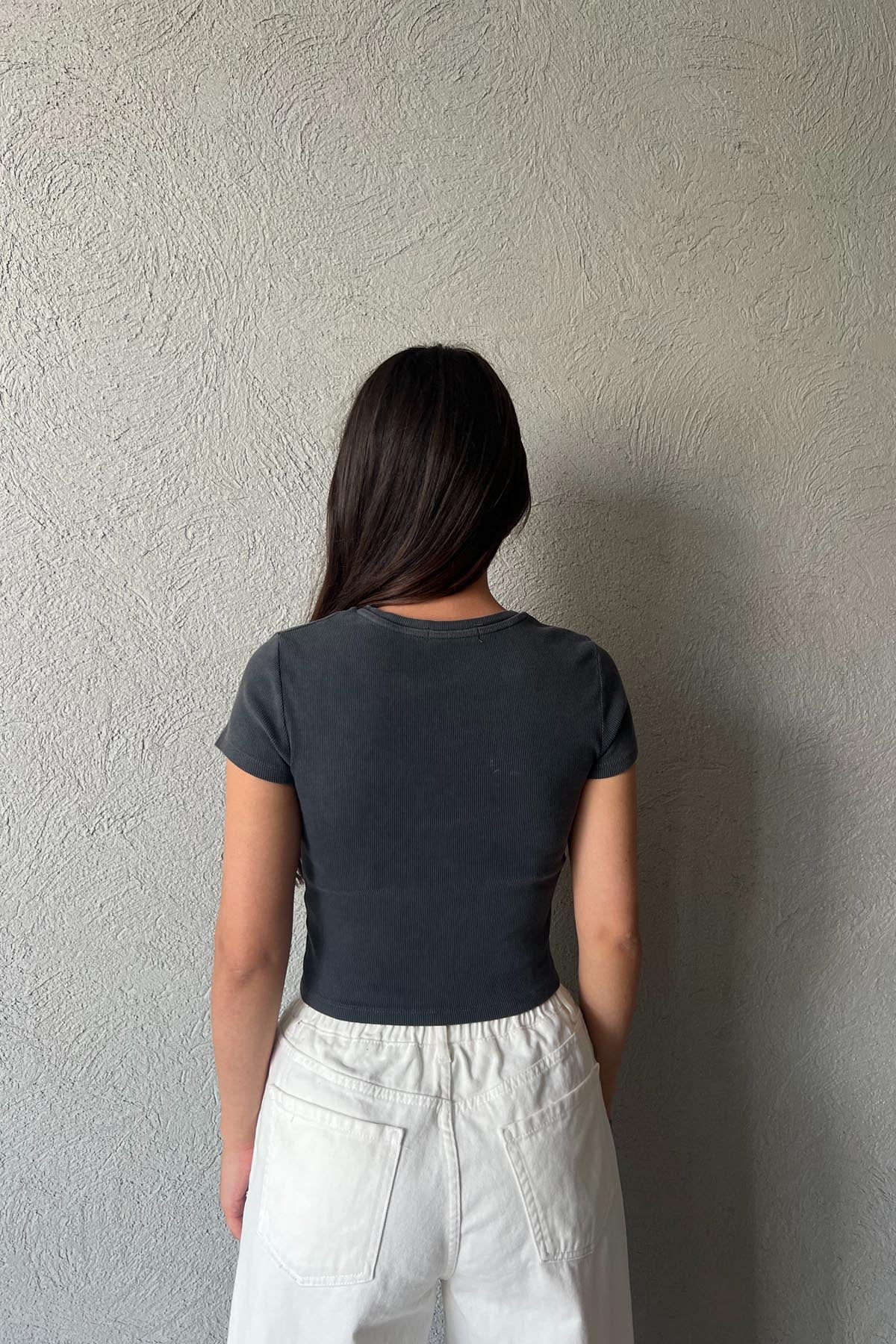 Antrasit Baskı Detaylı Yıkamalı Crop SY-1872-Antrasit