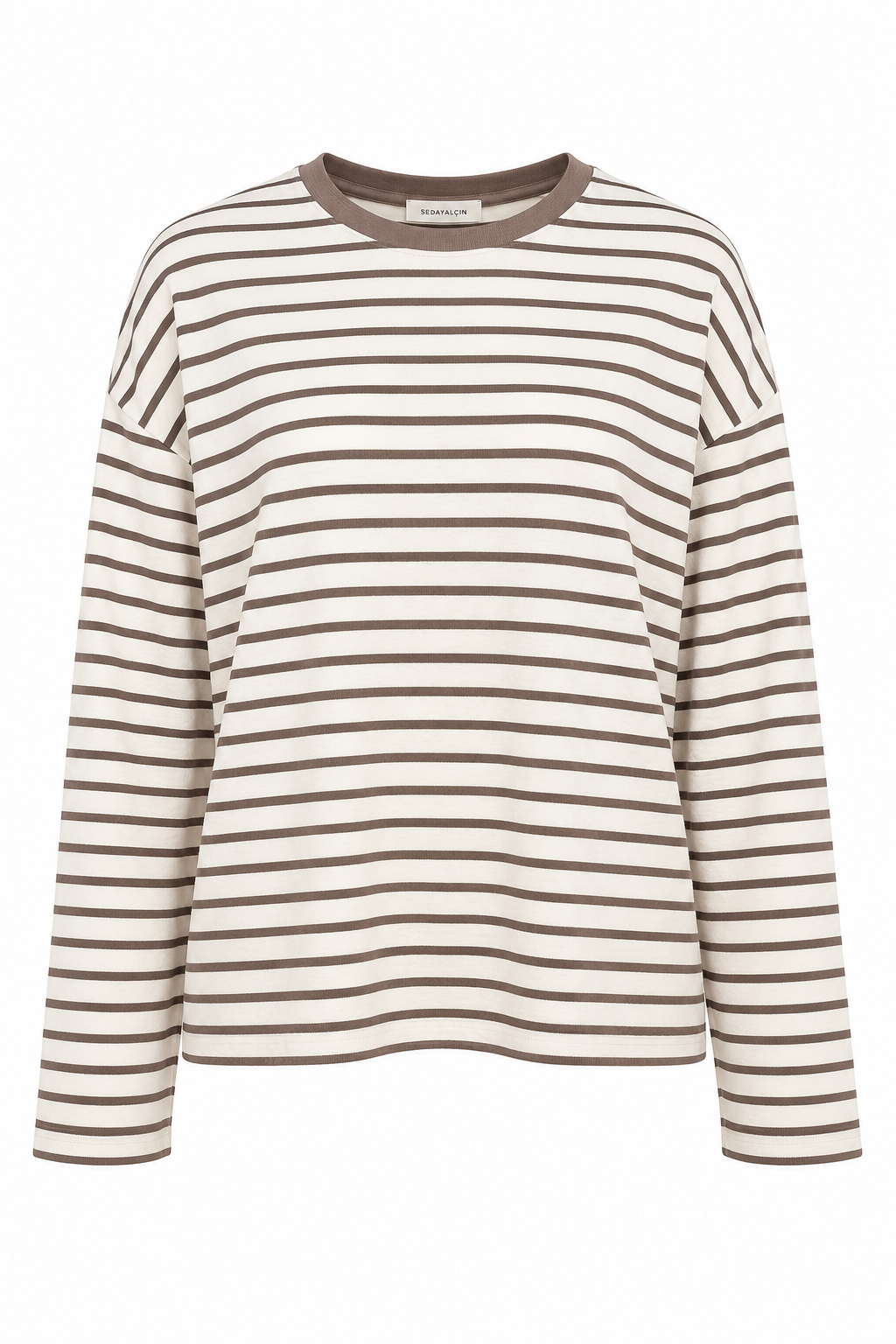 Ekru Kahve Çizgili Oversize Basic Bluz SY-3832-Kahve