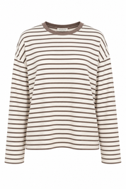 Ekru Kahve Çizgili Oversize Basic Bluz SY-3832-Kahve