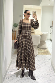 Kare Yaka Kemerli Ekoseli Elbise Taba-Kahve SY-3588-Taba