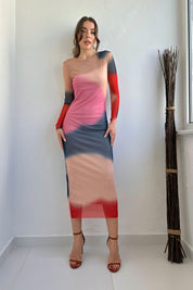 Pembe Desenli Astarlı Tül Elbise SY-0262-Pembe