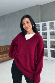 Bordo V Yaka Oversize Pinterest Triko Kazak SY-3348-Bordo