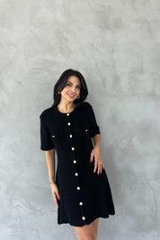 Siyah Sahte Cep Detaylı Gold Düğmeli Triko Elbise SY-2534-Siyah