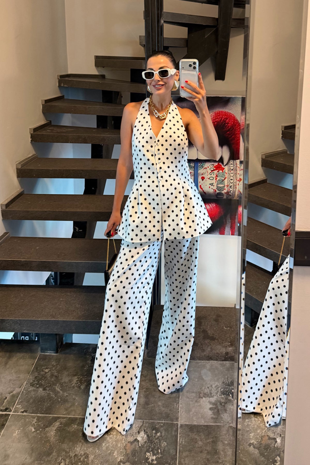 Beyaz Puantiyeli Bluz ve Bol Paça Pantolon İkili Takım SY-3738-Beyaz