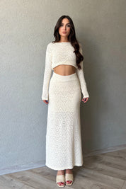 Bej Örme Detaylı Naturel Etek Bluz Takım SY-1626-Bej