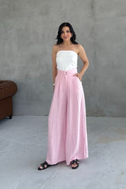 Pembe Çift Düğmeli Keten Pantolon SY-2228-Pembe