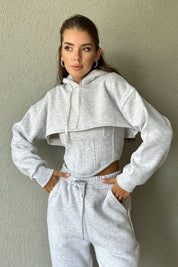 Açık Gri Sweatshirt Crop ve Eşofman Altı Takım SY-0966-Açık Gri
