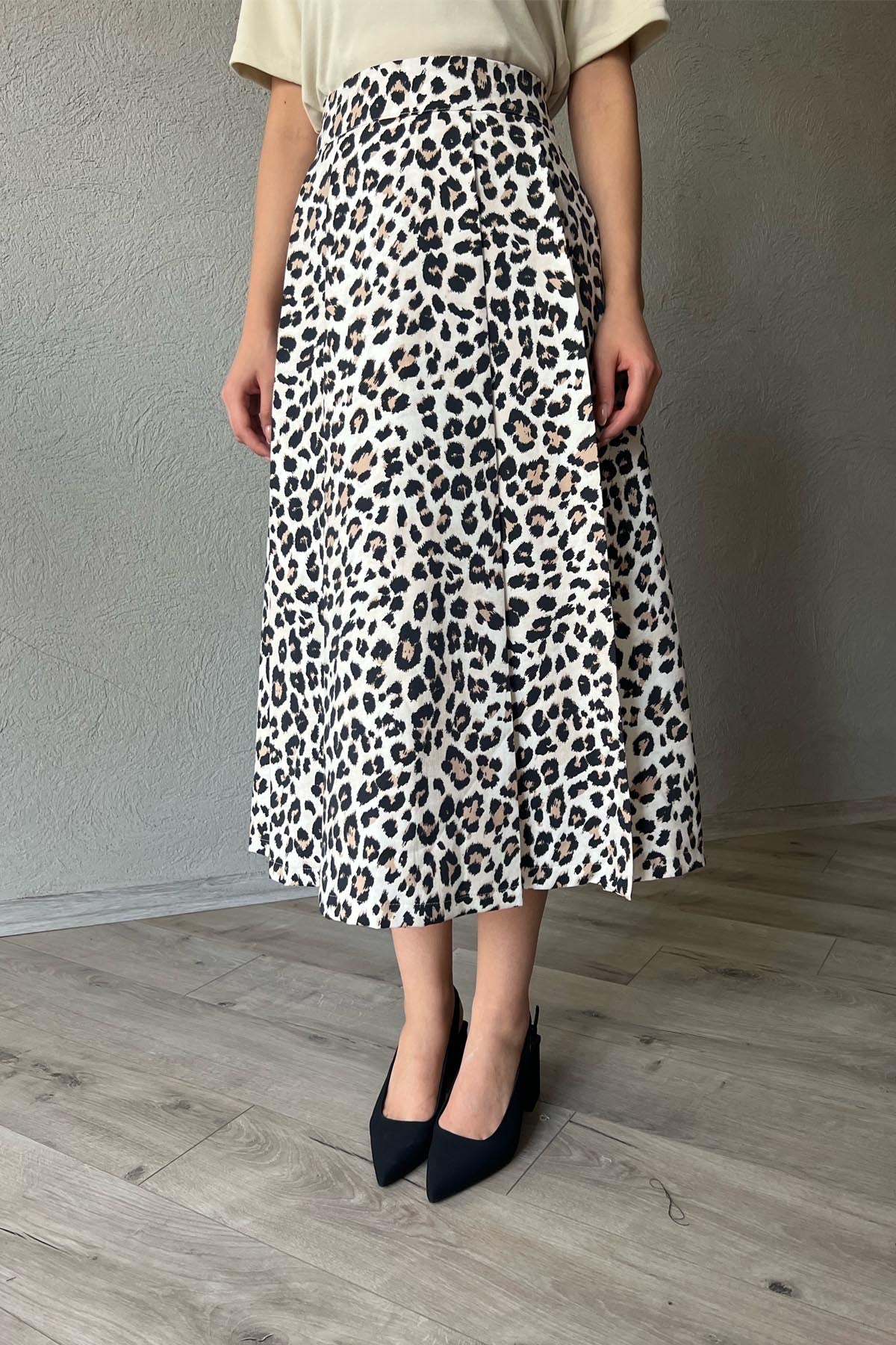 Leopar Desenli Pile Detaylı Kloş Etek SY-1949-Leopar