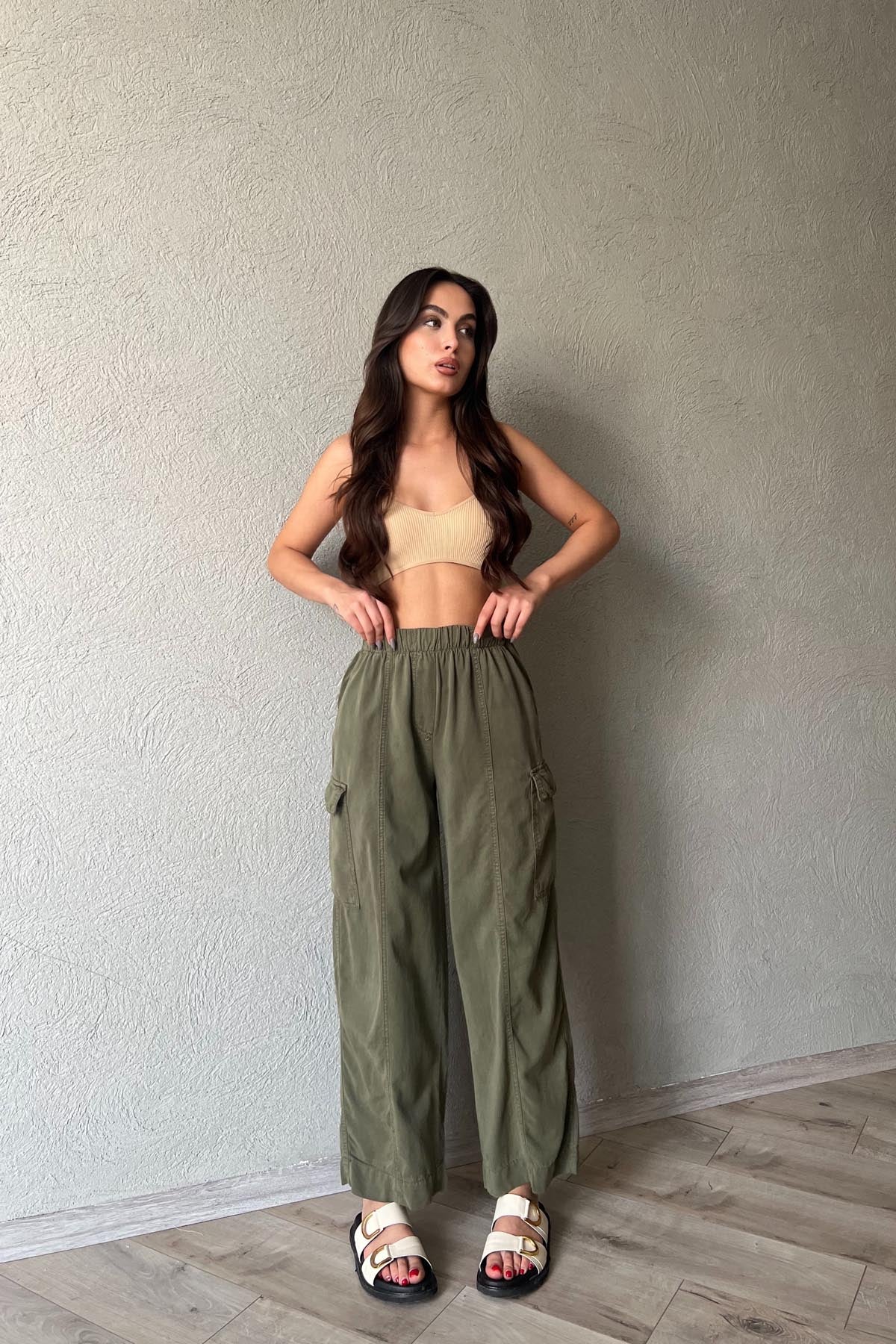 Haki Dikiş Detaylı Kargo Cepli Beli Lastikli Pantolon SY-1863-Haki