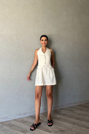 Ekru Gipeli Çizgili Şortlu Takım SY-2327-Ekru Çizgili