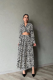 Ekru Siyah Desenli Gömlek Etek Takım SY-1751-Ekru